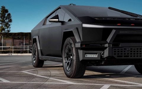 Satin Black Tesla Cybertruck on 20-Inch UP Forged UP-RW Wheels in Satin Black, Satin Gunmetal Ring