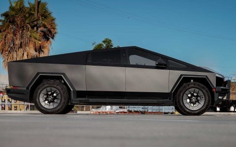 Satin Black Tesla Cybertruck on 20-Inch UP Forged UP-RW Wheels in Satin Black, Satin Gunmetal Ring