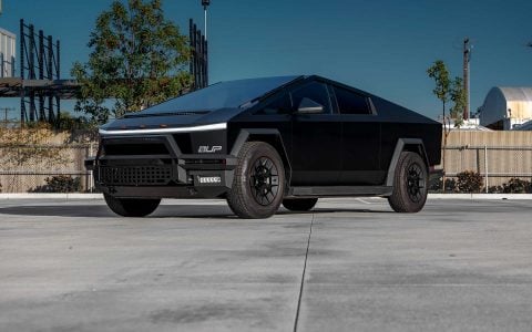 Satin Black Tesla Cybertruck on 20-Inch UP Forged UP-RW Wheels in Satin Black, Satin Gunmetal Ring
