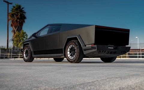 Satin Black Tesla Cybertruck on 20-Inch UP Forged UP-RW Wheels in Satin Black, Satin Gunmetal Ring
