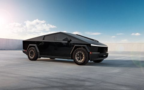 Gloss Black Tesla Cybertruck on 20-Inch UP Forged UP-RW Wheels in Satin Black, Satin Gunmetal Ring