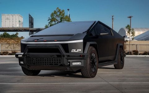 Satin Black Tesla Cybertruck on 20-Inch UP Forged UP-RW Wheels in Satin Black, Satin Gunmetal Ring