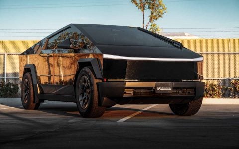 Gloss Black Tesla Cybertruck on 20-Inch UP Forged UP-RW Wheels in Satin Black, Satin Gunmetal Ring