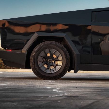 Gloss Black Tesla Cybertruck on 20-Inch UP Forged UP-RW Wheels in Satin Black, Satin Gunmetal Ring
