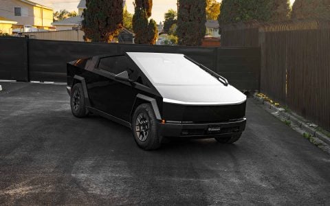 Gloss Black Tesla Cybertruck on 20-Inch UP Forged UP-RW Wheels in Satin Black, Satin Gunmetal Ring