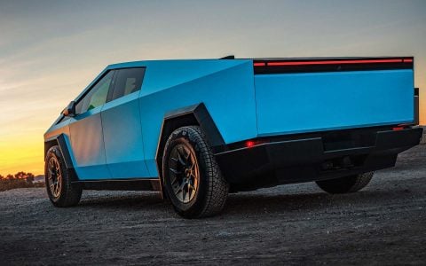 Satin Light Blue Tesla Cybertruck on 20-Inch UP Forged UP-RW Wheels in Satin Black, Satin Gunmetal Ring