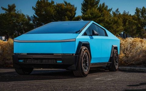Satin Light Blue Tesla Cybertruck on 20-Inch UP Forged UP-RW Wheels in Satin Black, Satin Gunmetal Ring