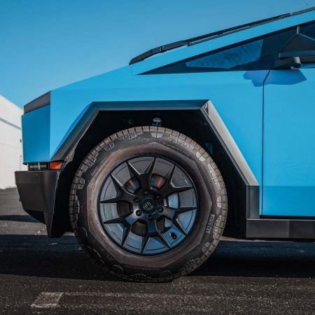 Satin Light Blue Tesla Cybertruck on 20-Inch UP Forged UP-RW Wheels in Satin Black, Satin Gunmetal Ring