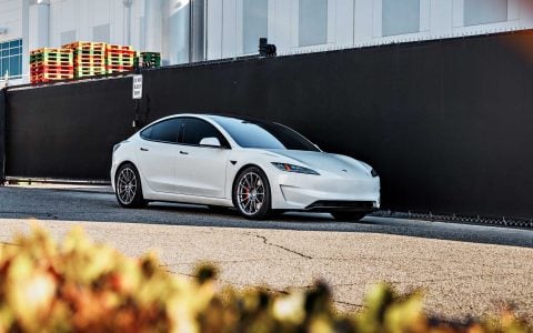 Pearl White Multi-Coat Tesla Model 3 Performance Highland UP Forged UP-03 Satin Titanium 19x9.5-35 Wheels Unplugged Performance 11