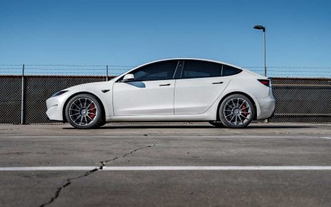 Pearl White Multi-Coat Tesla Model 3 Performance Highland UP Forged UP-03 Satin Titanium 19x9.5-35 Wheels Unplugged Performance 5