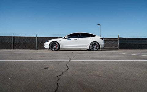 Pearl White Multi-Coat Tesla Model 3 Performance Highland UP Forged UP-03 Satin Titanium 19x9.5-35 Wheels Unplugged Performance 6