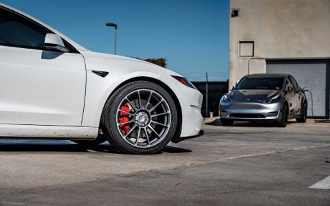 Pearl White Multi-Coat Tesla Model 3 Performance Highland UP Forged UP-03 Satin Titanium 19x9.5-35 Wheels Unplugged Performance 9