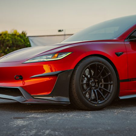 Ultra Red Tesla Model 3 Performance on 18-Inch UP Forged Race Spec UP-03 Wheels in Gloss Black