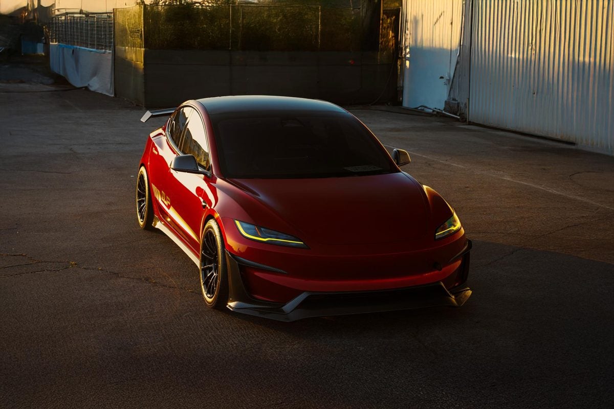 Ultra Red Tesla Model 3 Performance on 18-Inch UP Forged Race Spec UP-03 Wheels in Gloss Black