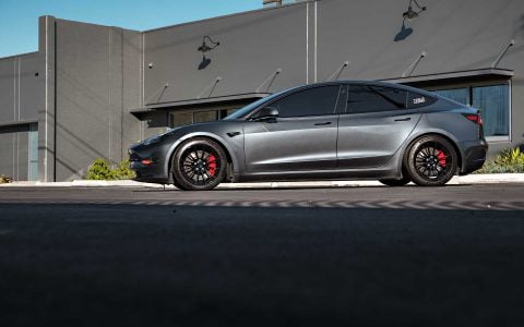Stealth Grey Tesla Model 3 Performance on 18-Inch UP Forged UP-03 Wheels in Gloss Black