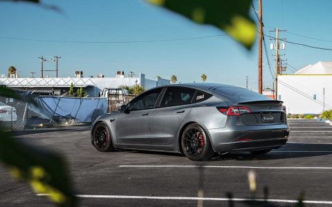 Stealth Grey Tesla Model 3 Performance on 18-Inch UP Forged UP-03 Wheels in Gloss Black