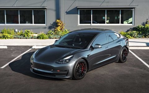 Stealth Grey Tesla Model 3 Performance on 18-Inch UP Forged UP-03 Wheels in Gloss Black