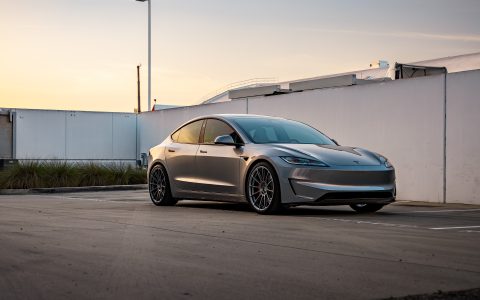 Quicksilver Tesla Model 3 Performance on 20-Inch UP Forged UP-03 Wheels in Satin Titanium 10