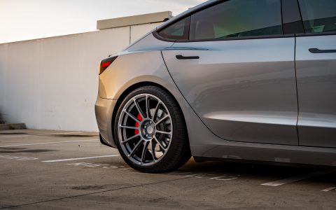 Quicksilver Tesla Model 3 Performance on 20-Inch UP Forged UP-03 Wheels in Satin Titanium 12