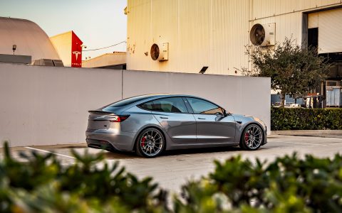 Quicksilver Tesla Model 3 Performance on 20-Inch UP Forged UP-03 Wheels in Satin Titanium 13
