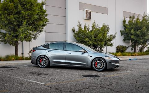 Quicksilver Tesla Model 3 Performance on 20-Inch UP Forged UP-03 Wheels in Satin Titanium 4