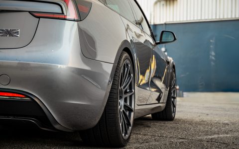 Quicksilver Tesla Model 3 Performance on 20-Inch UP Forged UP-03 Wheels in Satin Titanium 6