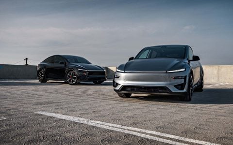 Quicksilver Tesla Model Y Performance With UP Aero Kit Side By Side with OEM Diamond Black Model Y Performance