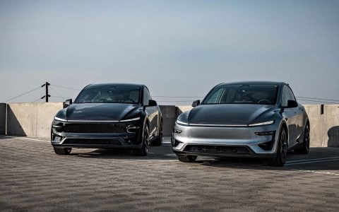 Quicksilver Tesla Model Y Performance With UP Aero Kit Side By Side with OEM Diamond Black Model Y Performance
