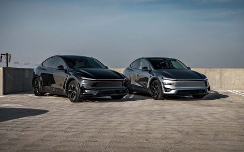 Quicksilver Tesla Model Y Performance With UP Aero Kit Side By Side with OEM Diamond Black Model Y Performance