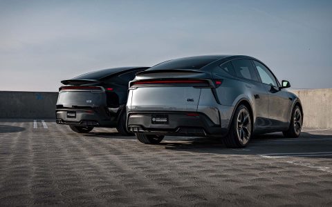 Quicksilver Tesla Model Y Performance With UP Aero Kit Side By Side with OEM Diamond Black Model Y Performance