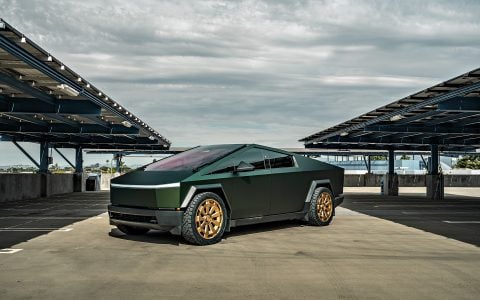 Dark Green Tesla Cybertruck on 24-Inch Satin Bronze UP Forged CYBRNOVA Wheels Unplugged Performance 1