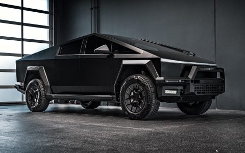 Satin Black Tesla Cybertruck on 20-Inch Satin Black UP Forged UP-RW Wheels 1 Satin Black Tesla Cybertruck on 20-Inch Satin Black UP Forged UP-RW Wheels