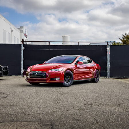 Red Multi-Coat Tesla Model S on 19-Inch UP-RW FF Wheels