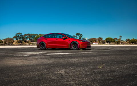 Ultra Red Tesla Model 3 on 19-Inch UP-RW FF Wheels