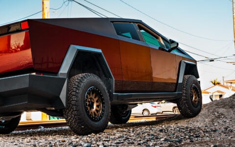 Dark Red Tesla Cybertruck on 18-Inch UP Forged UP-03 Beadlock Wheels