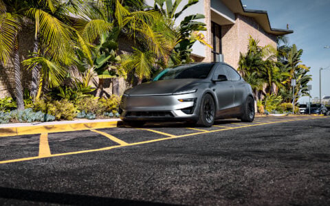 Stealth PPF Quicksilver Tesla Model Y Juniper on UP-RW 19x8.5 ET 32 Forged Wheels and Aero Kit Unplugged Performance 8