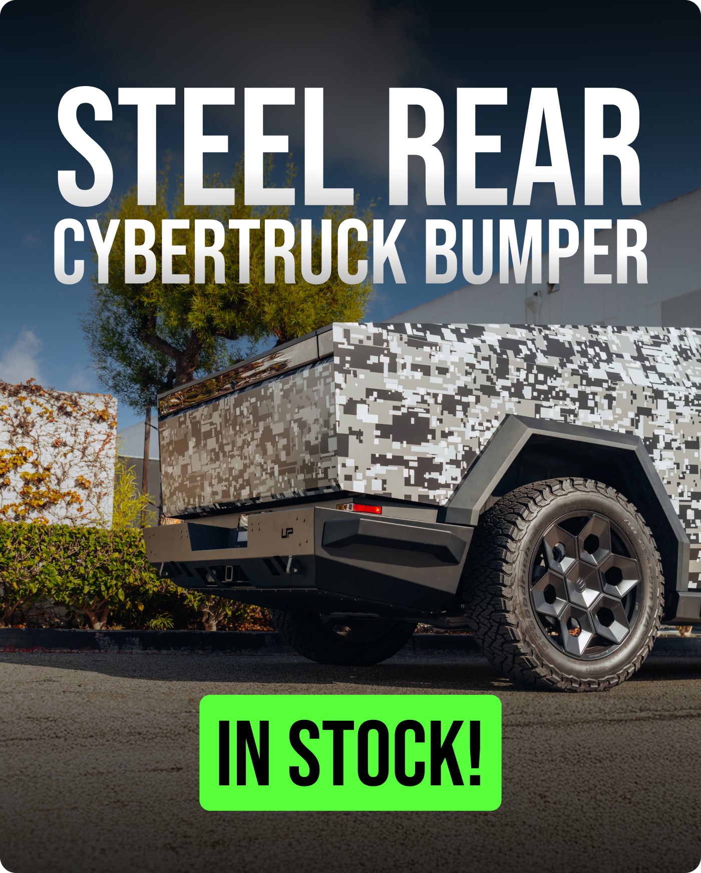 Unplugged Performance Homepage Slider Tesla Cybertruck Heavy Duty Rear Bumper with Hardcore Trailer Hitch Receiver UP INVINCIBLE Image 1