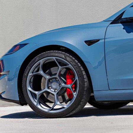Frost Blue Metallic Tesla Model 3 Performance on 20-Inch Satin Titanium UP-05 Wheels