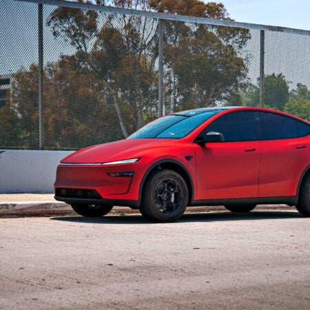 Featured Image for Satin Red Tesla Model Y Juniper on 18-Inch Satin Black UP-05 Off-Road Spec Wheels article