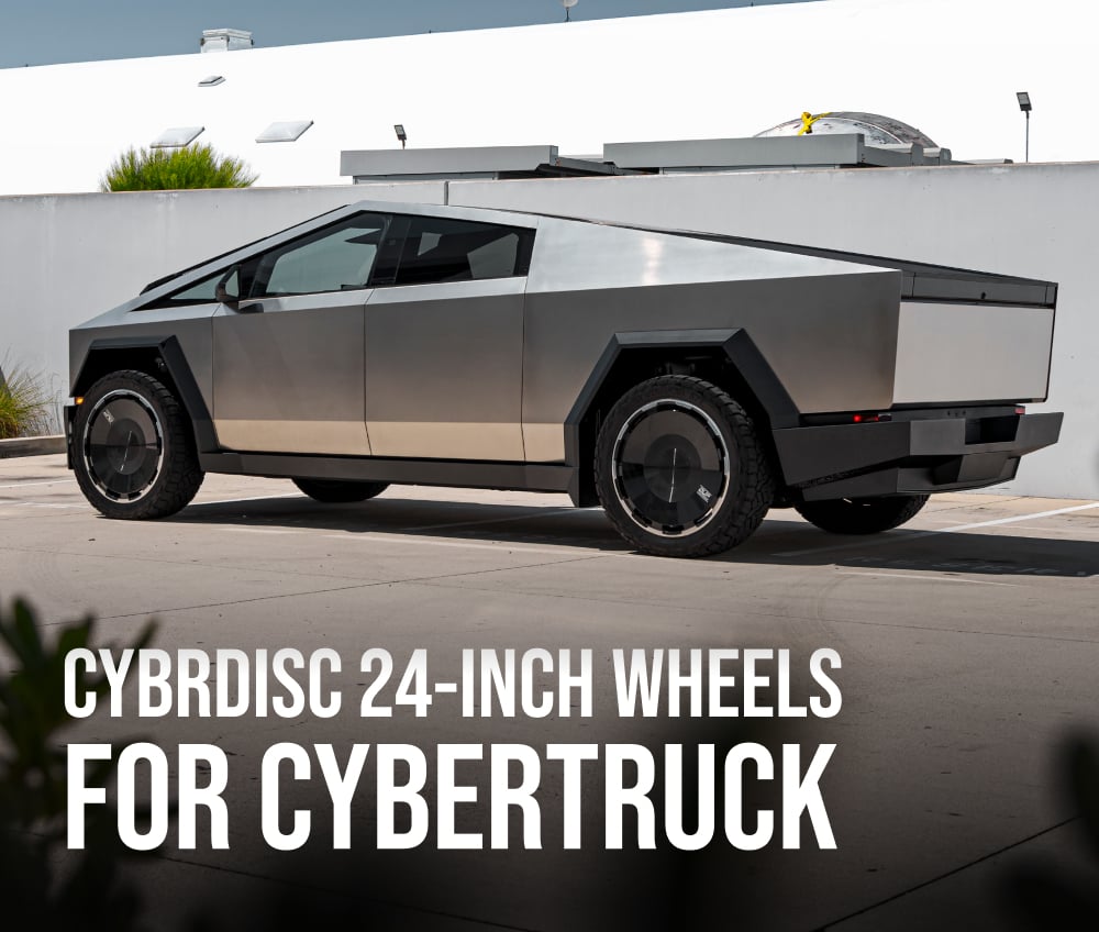 Unplugged Performance Homepage Slider Tesla Cybertruck UP Forged 24-Inch Custom Black CYBRDISK Wheels Image 1